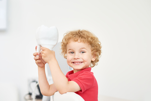 A child holding a model tooth at MVP Smiles in Gaithersburg, MD